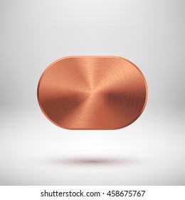 Bronze abstract technology geometric badge, blank button template with metal texture, chrome, silver, steel, copper and realistic shadow for logo, design concepts, prints, web. Vector illustration.