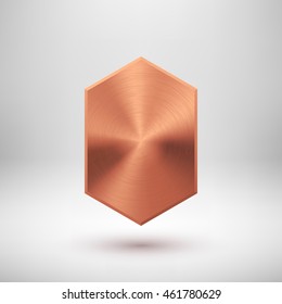 Bronze abstract technology geometric badge, blank button template with metal texture, chrome, silver, steel, copper and realistic shadow for logo, design concepts, web, apps. Vector illustration.