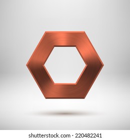 Bronze abstract technology polygon, hex badge, blank button template with metal texture (chrome, steel), realistic shadow and light background for user interfaces, UI, applications, apps. Vector.