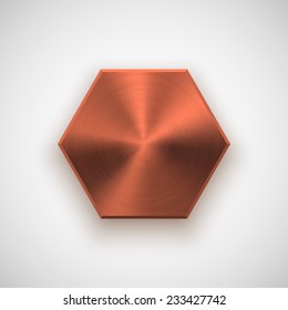 Bronze abstract technology polygon, hex badge, blank button template with metal texture (chrome, steel), realistic shadow and light background for user interfaces, UI, applications, apps. Vector.