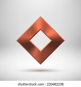 Bronze abstract technology rhombic badge, blank button template with metal texture (chrome, steel), realistic shadow and light background for web user interfaces, UI, applications, apps. Vector.