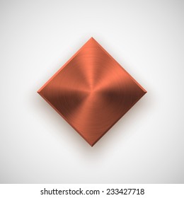 Bronze abstract technology rhombic badge, blank button template with metal texture (chrome, steel), realistic shadow and light background for web user interfaces, UI, applications, apps. Vector.