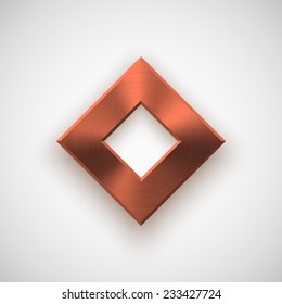 Bronze abstract technology rhombic badge, blank button template with metal texture (chrome, steel), realistic shadow and light background for web user interfaces, UI, applications, apps. Vector.