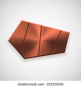 Bronze abstract triangle badge, technology blank button template with metal texture (chrome, steel), realistic shadow and light background for interfaces, UI, applications, apps. Vector illustration.