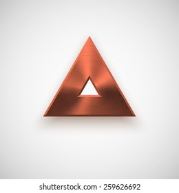 Bronze abstract triangle badge, technology blank button template with metal texture (chrome, steel), realistic shadow and light background for interfaces, UI, applications, apps. Vector illustration.