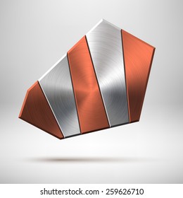 Bronze abstract triangle badge, technology blank button template with metal texture (chrome, steel), realistic shadow and light background for interfaces, UI, applications, apps. Vector illustration.