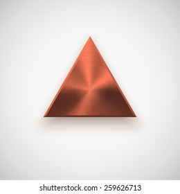 Bronze abstract triangle badge, technology blank button template with metal texture (chrome, steel), realistic shadow and light background for interfaces, UI, applications, apps. Vector illustration.