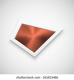 Bronze abstract triangle badge, technology blank button template with metal texture (chrome, steel), realistic shadow and light background for interfaces, UI, applications, apps. Vector illustration.