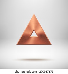 Bronze abstract triangle badge, technology blank button template with metal texture (chrome, steel), realistic shadow and light background for interfaces, UI, applications, apps. Vector illustration.