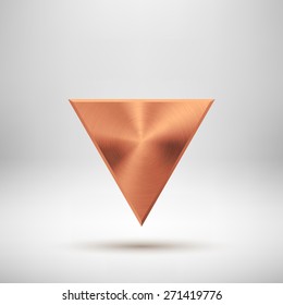 Bronze abstract triangle badge, technology blank button template with metal texture (chrome, steel), realistic shadow and light background for interfaces, UI, applications, apps. Vector illustration.