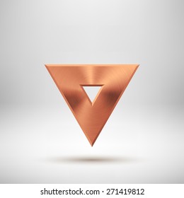 Bronze abstract triangle badge, technology blank button template with metal texture (chrome, steel), realistic shadow and light background for interfaces, UI, applications, apps. Vector illustration.