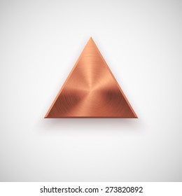 Bronze abstract triangle badge, technology blank button template with metal texture (chrome, steel), realistic shadow and light background for interfaces, UI, applications, apps. Vector illustration.