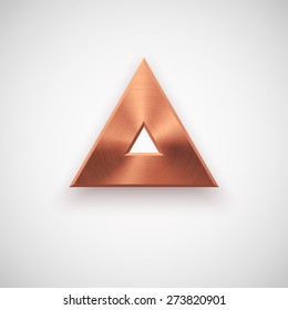 Bronze abstract triangle badge, technology blank button template with metal texture (chrome, steel), realistic shadow and light background for interfaces, UI, applications, apps. Vector illustration.