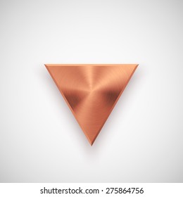 Bronze abstract triangle badge, technology blank button template with metal texture (chrome, steel), realistic shadow and light background for interfaces, UI, applications, apps. Vector illustration.