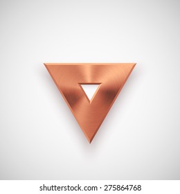 Bronze abstract triangle badge, technology blank button template with metal texture (chrome, steel), realistic shadow and light background for interfaces, UI, applications, apps. Vector illustration.