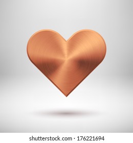 Bronze abstract Valentine's heart sign, blank button template with metal texture (chrome, steel, silver), realistic shadow and light background for user interfaces (UI) and applications (apps).