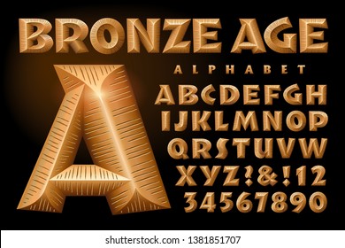 Bronze Age is a bold alphabet with 3d metallic effects and a scratched metal pattern within the letters.