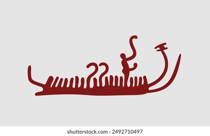 Bronze Age petroglyph from Sweden, Vector illustration isolated, Rowing ship with standing person, from the Massleberg rock art located near Strömstad in Bohuslän