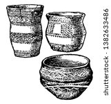 Bronze Age Pottery is a Not drawn to scale, it is a bronze pot, vintage line drawing or engraving illustration.