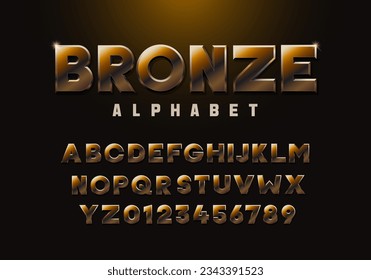 Bronze alphabet. Copper colored font 3d effect typography letters and numbers. Metallic luxury and premium three dimensional typeface