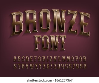 Bronze alphabet font. Beveled metallic letters and numbers with screws. Stock vector typescript for your design.