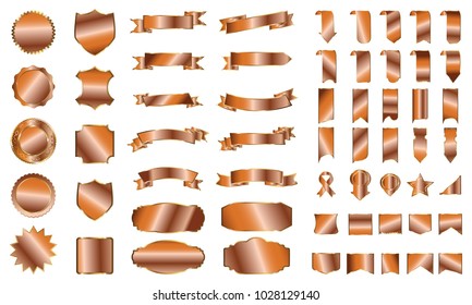 Bronze banner ribbon label vector set background with isolated fancy badge vintage sticker and decorative border icon for frame. Festive colorful tag design award of gift illustration collection