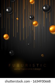 Bronze black abstract tech corporate background with glossy spheres and lines. Vector flyer design
