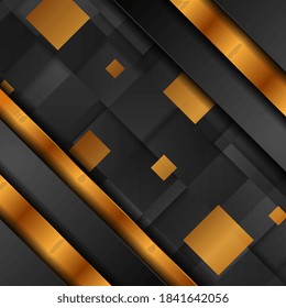Fundo de tecnologia abstrata de bronze e preto com quadrados. Design de luxo vetorial geométrico