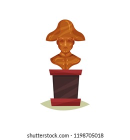 Bronze bust of man in hat. Statue of famous person. Exhibit of historical museum. Flat vector design