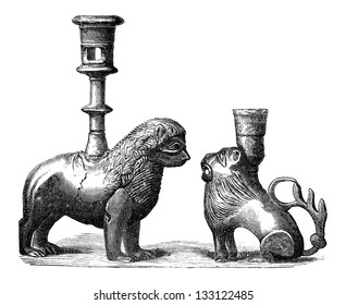 Bronze Candleholders with animal design, during the 14th century, vintage engraved illustration. Industrial Encyclopedia - E.O. Lami - 1875