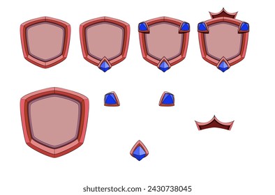 Bronze cartoon badge set for game ranks and achievements with gems and crown. Easy editing and creation.