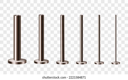 Bronze or cast iron poles on a round base. Set of metal columns. Realistic vector illustration isolated on transparent background.