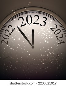 Bronze Christmas clock showing 2023 with snow. New year background.