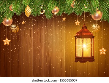 Bronze Christmas lantern with burning candle inside, hanging on fir tree branch with christmas balls etc. Wooden boards on background. Christmas and New Year Eve cozy scene. Vector illustration.