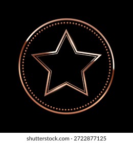 Quadro de círculo de bronze no plano de fundo preto. Borda redonda metálica com aresta pontilhada e estrela de cinco pontas. Design mínimo elegante para crachá, botão ou emblema. Ilustração de vetor de estilo luxuoso.