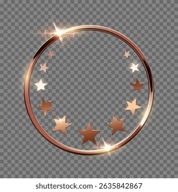 Bronze circular award frame with glowing stars on black background. Shiny metallic ring symbolizing third place. Luxury badge, button, certificate, stamp. Abstract vector illustration.
