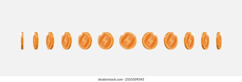 Bronze coin animation with spinning lightning bolt speed design for apps. Metallic symbol rotates in various directions. Flat 3D element for gaming interfaces. Achievement icon in constant motion