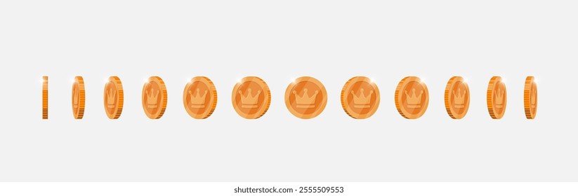 Bronze coin featuring royal crown image in continuous rotation for game animations. Metallic token turns smoothly in multiple views. Flat 3D object for dynamic gaming visuals