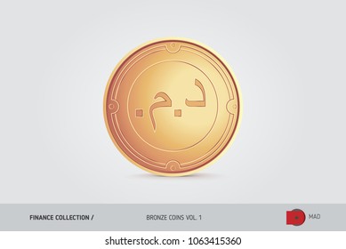 Bronze coin. Realistic bronze Moroccan Dirham coin. Isolated object on background. Finance concept for websites, web design, mobile app, infographics.