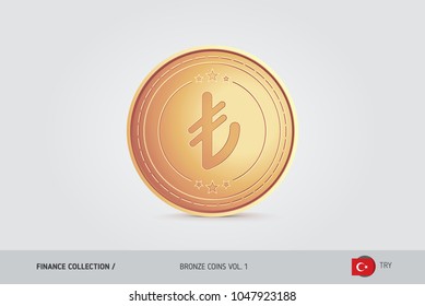 Bronze coin. Realistic bronze Turkish Lira coin. Isolated object on background. Finance concept for websites, web design, mobile app, infographics.