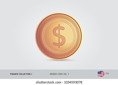 Bronze coin. Realistic bronze United States Dollar coin. Isolated object on background. Simple thin line golden coin for websites, web design, mobile app, infographics.