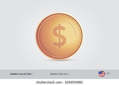 Bronze coin. Realistic bronze United States Dollar coin. Isolated object on background. Simple thin line golden coin for websites, web design, mobile app, infographics.
