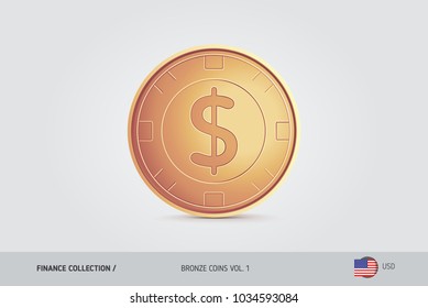 Bronze coin. Realistic bronze United States Dollar coin. Isolated object on background. Simple thin line golden coin for websites, web design, mobile app, infographics.