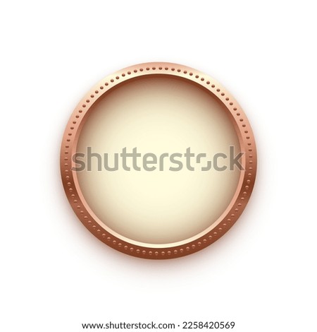 Bronze coin vector illustration. 3d realistic brass money cash or treasure sign, isolated shiny medal or premium game prize, front view of metal medallion with round border frame on white background.