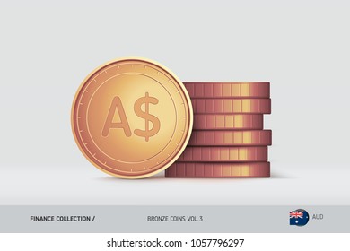 Bronze coins. Realistic Australian Dollar coin standing near of stacked coins. Finance concept for websites, web design, mobile app, infographics.