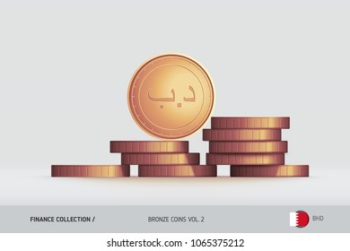 Bronze coins. Realistic Bahraini Dinar coin standing on stacked coins. Finance concept for websites, web design, mobile app, infographics.