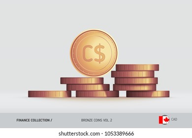 Bronze coins. Realistic Canadian Dollar coin standing on stacked coins. Finance concept for websites, web design, mobile app, infographics.