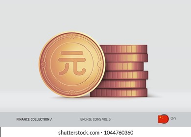 Bronze coins. Realistic Chinese Yuan coin standing near of stacked coins. Finance concept for websites, web design, mobile app, infographics.