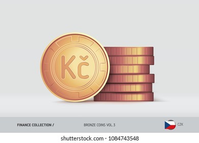 Bronze coins. Realistic Czech Koruna coin standing near of stacked coins. Finance concept for websites, web design, mobile app, infographics.