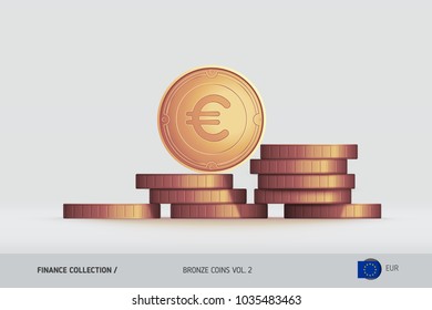 Bronze coins. Realistic Euro coin standing on stacked coins. Finance concept for websites, web design, mobile app, infographics.